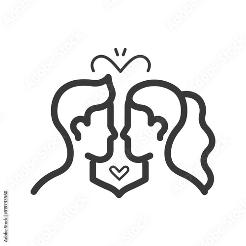 Line art illustration of a couple facing each other with a heart between them