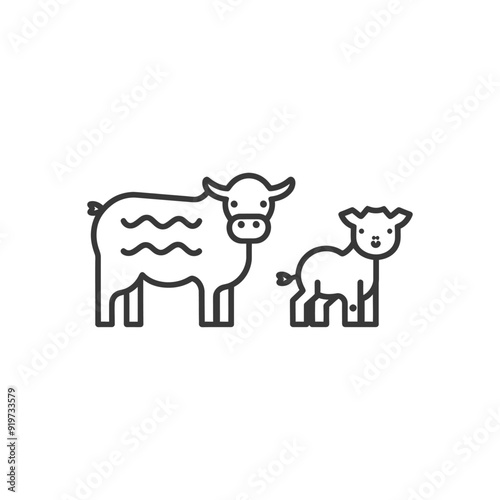 Line Art Illustration of a Cow and Calf