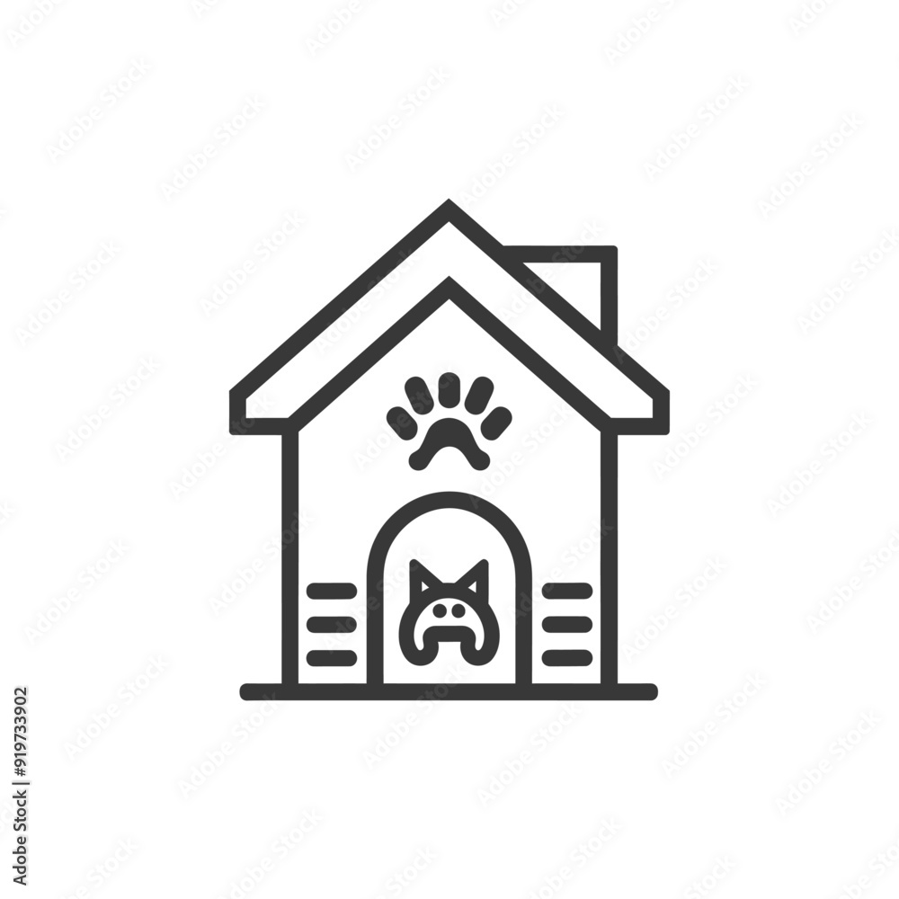 Line Art Illustration of a Dog House with Paw Print and Dog Inside Line Art Illustration of a Dog House with Paw Print and Dog Inside