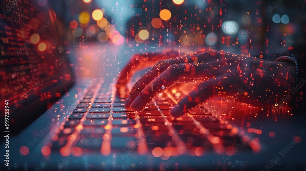 Hands Typing on Laptop with Red Lights