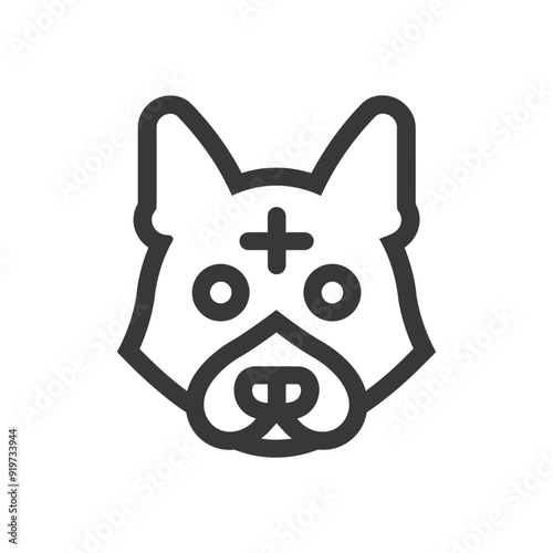 Line art illustration of a dogs head with a cross on its forehead