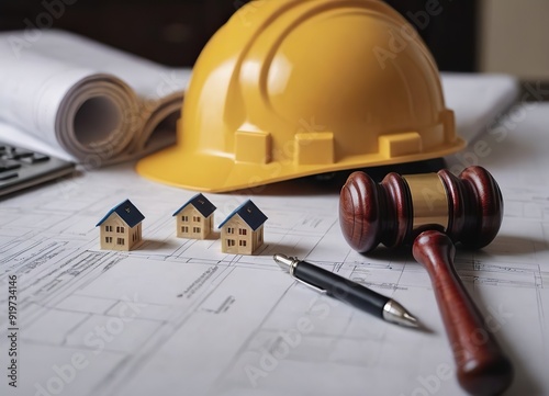 Labor and Construction law concept. judge gavel on building blueprint plans with a safety helmet and building model. Paper sheet with pen on wooden table. Agreement on construction law. home insurance