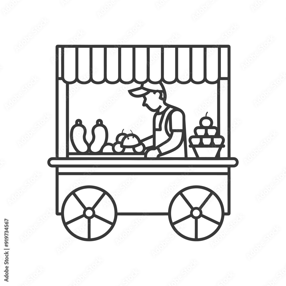Line Art Illustration of a Food Vendor Cart with a Seller and Produce