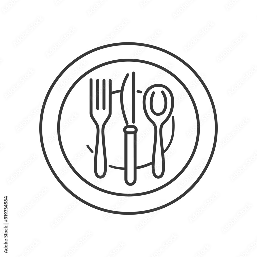 Line art illustration of a fork, knife and spoon on a plate Line art illustration of a fork, knife and spoon on a plate