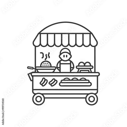 Line Art Illustration of a Food Cart with a Vendor and Various Foods