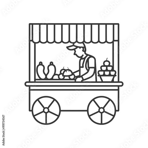 Obraz na płótnie Line Art Illustration of a Food Vendor Cart with a Seller and Produce w salonie