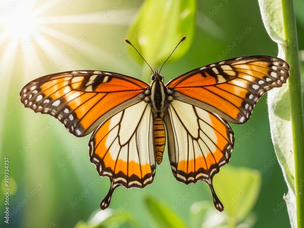 Fototapeta premium Butterfly dries its wings in the morning sun, symbolizing personal growth and fresh starts.