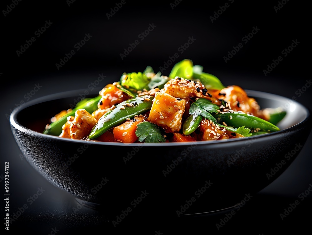 Savory chicken and vegetable stirfry with snap peas, carrots, and shiitake mushrooms, topped with a soy glaze, presented in a square dish Savory chicken and vegetable stirfry with snap peas, carrots, and shiitake mushrooms, topped with a soy glaze, presented in a square dish