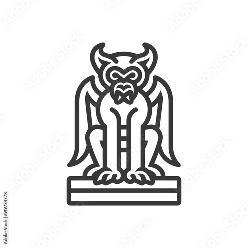 Line art illustration of a gargoyle with wings, sitting on a stone ledge