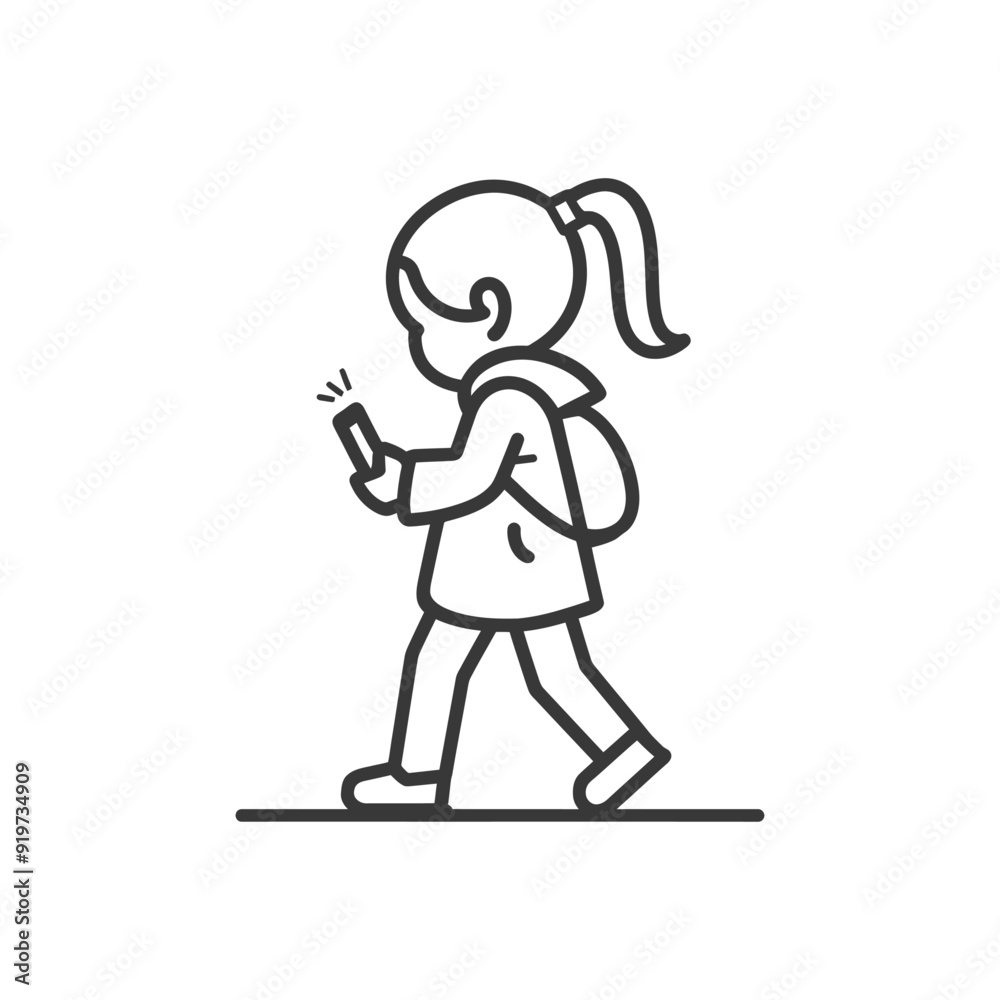Line art illustration of a girl walking and using a phone Line art illustration of a girl walking and using a phone