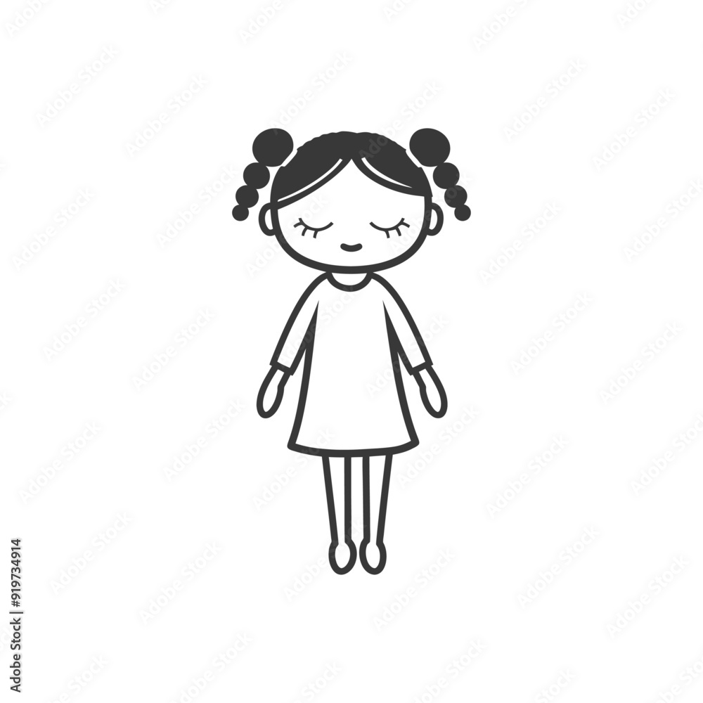 Line Art Illustration of a Girl with Pigtails and Closed Eyes Line Art Illustration of a Girl with Pigtails and Closed Eyes