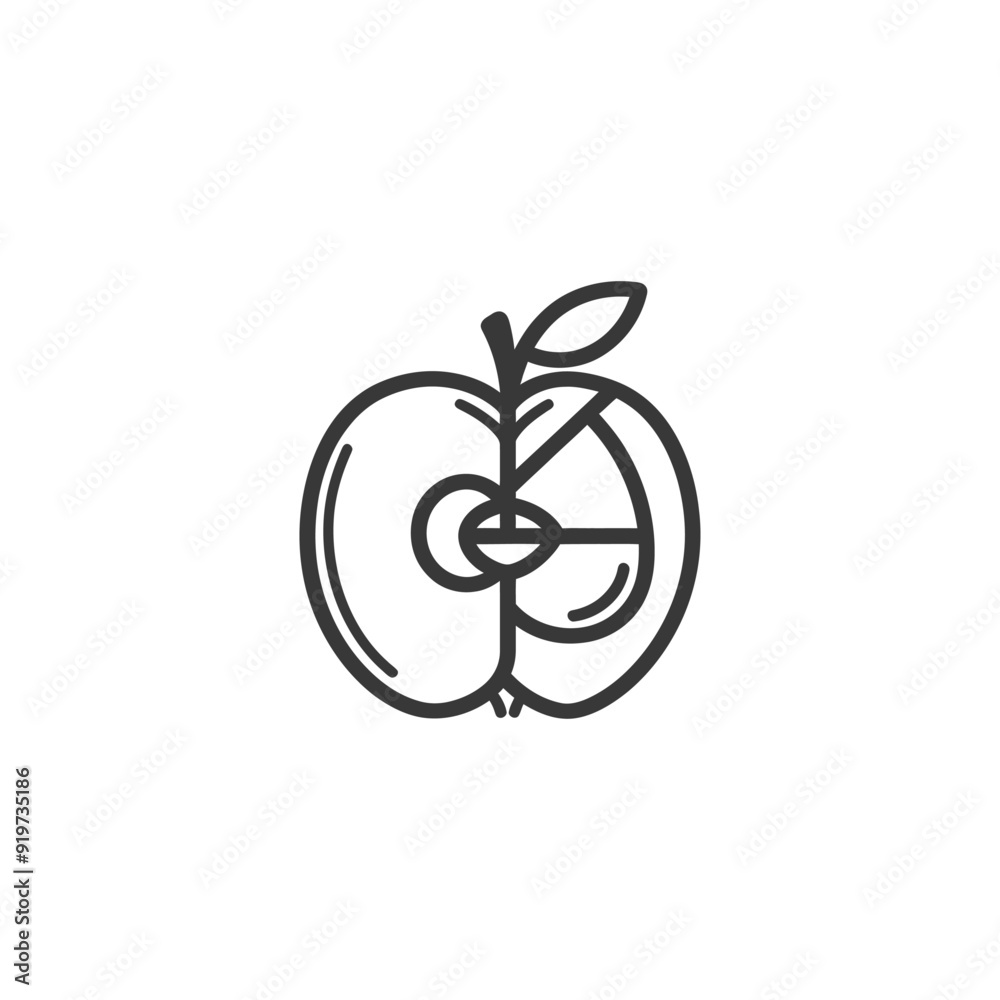 Line Art Illustration of a Halved Apple with a Leaf Line Art Illustration of a Halved Apple with a Leaf