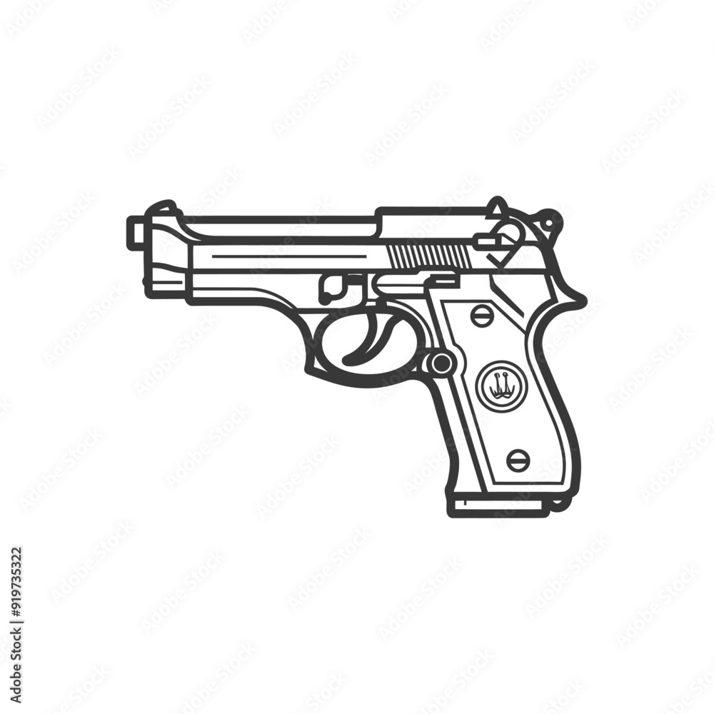 Line Art Illustration of a Handgun with a Crown Logo Line Art Illustration of a Handgun with a Crown Logo