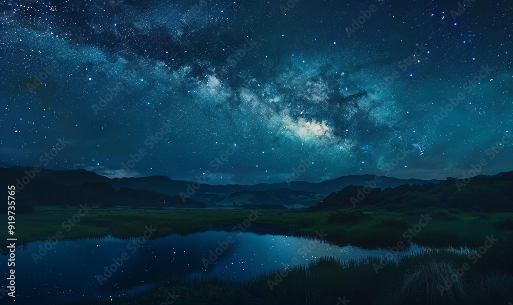 Stunning Milky Way panorama over a serene landscape illuminated by starlight Stunning Milky Way panorama over a serene landscape illuminated by starlight