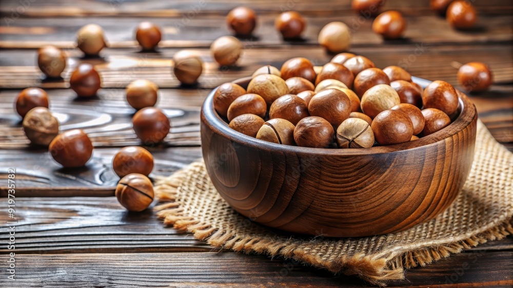 Wooden bowl filled with macadamia nuts, some spilled on the table , macadamia nuts, wooden bowl, spilled, table, food, snack Wooden bowl filled with macadamia nuts, some spilled on the table , macadamia nuts, wooden bowl, spilled, table, food, snack