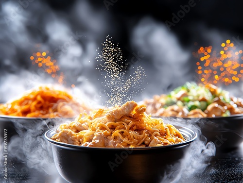 Stirfried yakisoba with chicken, cabbage, and carrots, topped with a sprinkle of aonori and benishoga, served in a lacquered bowl photo