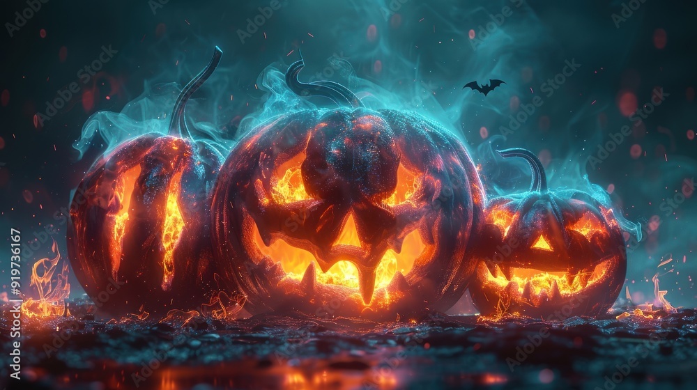 Spooky Halloween Jack-o'-Lanterns with Glowing Embers and Smoke Spooky Halloween Jack-o'-Lanterns with Glowing Embers and Smoke