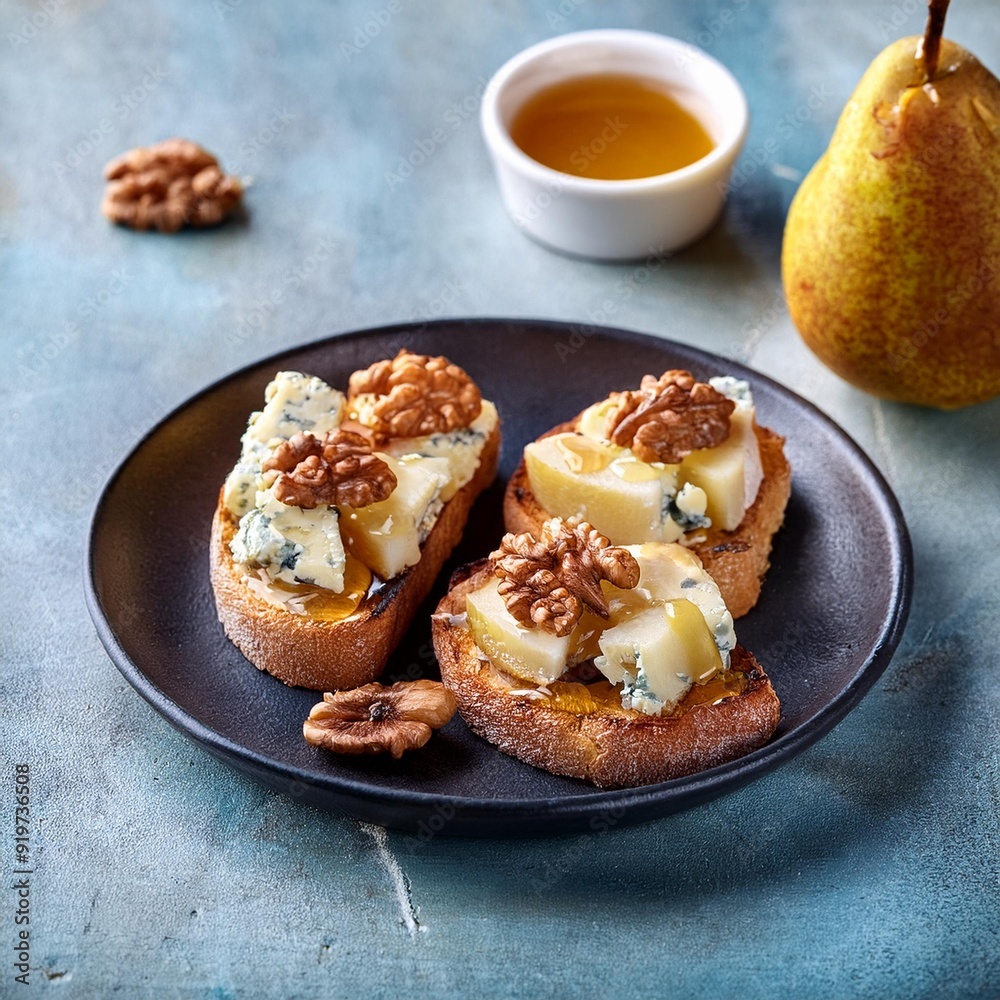 Pear Blue Cheese Honey Crostini with Walnuts. Easy Snack for Surprise Guests Friends Pear Blue Cheese Honey Crostini with Walnuts. Easy Snack for Surprise Guests Friends