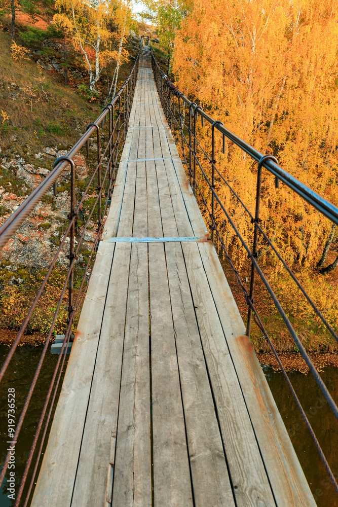 Fototapeta premium a suspension bridge over the river on an autumn day