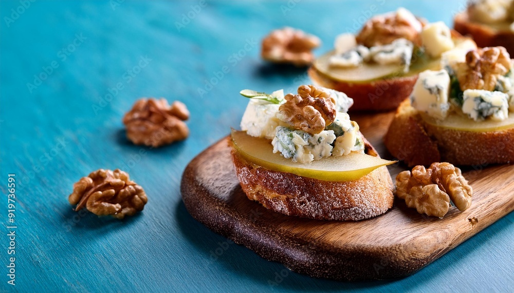 Pear Blue Cheese Honey Crostini with Walnuts. Easy Snack for Surprise Guests Friends