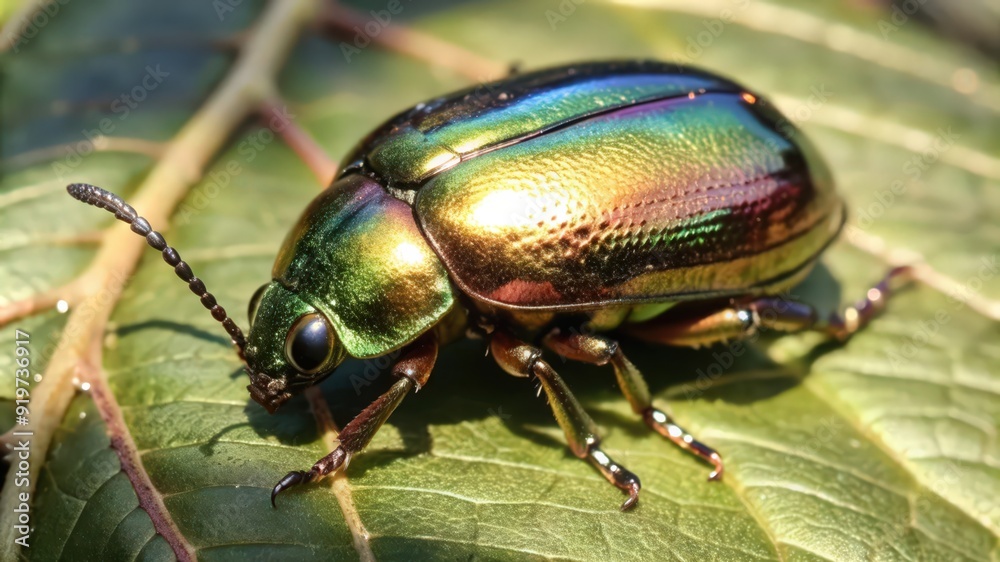 Fototapeta premium A Close-Up of a Metallic Green Beetle on a Leaf