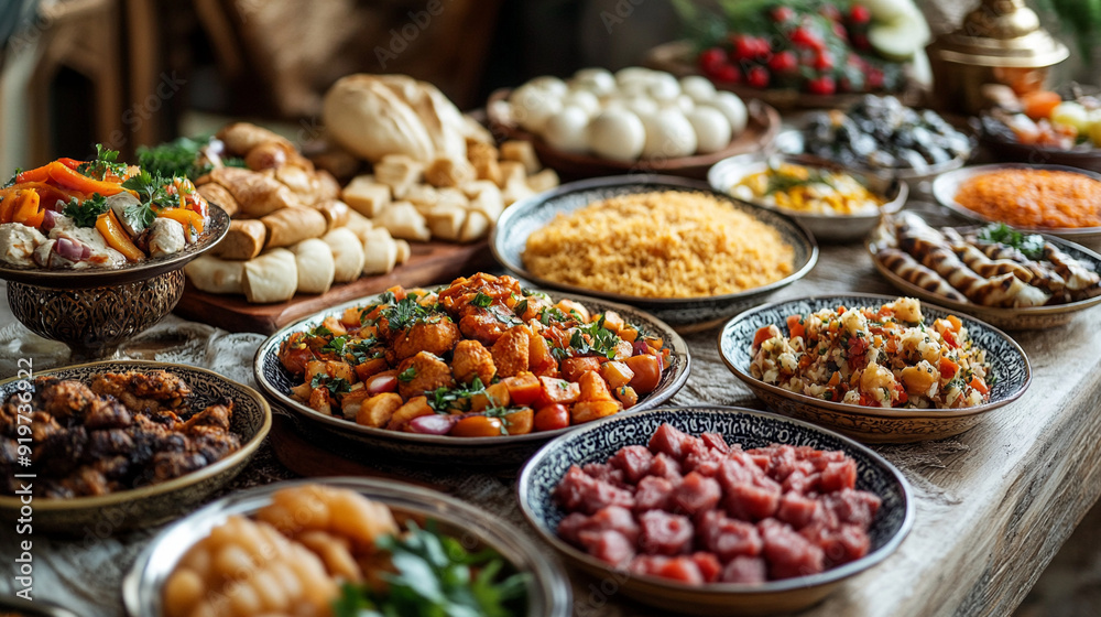 A traditional Ramadan meal served on a beautifully A traditional Ramadan meal served on a beautifully