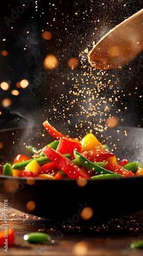 Turkey stirfry with colorful bell peppers and snap peas, cooked in a sizzling wok with a hint of soy sauce, garnished with sesame seeds and served on a rustic wooden table