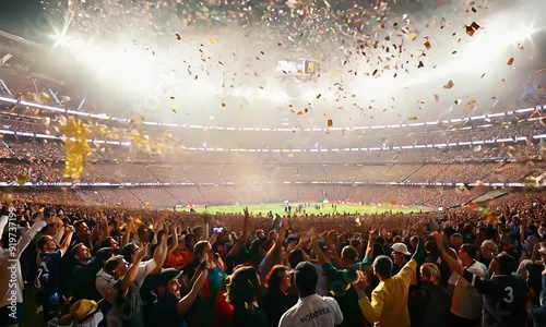 A large crowd of excited fans celebrating a victory in a stadium, with confetti raining down.