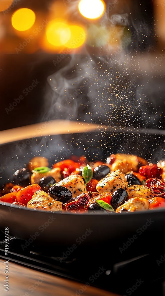 Vibrant Italian stirfry featuring tender strips of chicken, sundried tomatoes, and black olives, tossed with oregano and served on a rustic wooden table Vibrant Italian stirfry featuring tender strips of chicken, sundried tomatoes, and black olives, tossed with oregano and served on a rustic wooden table