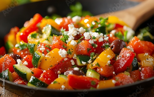 Vibrant vegetable stirfry with bell peppers, zucchini, and olives, topped with crumbled feta and a squeeze of lemon, served in a traditional Greek pan