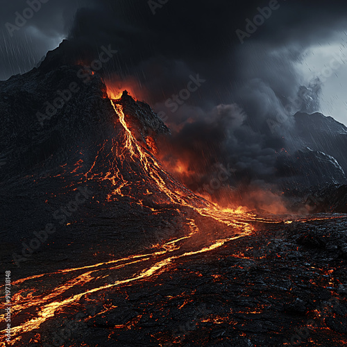 A volcanic eruption during a torrential downpour, molten lava flowing down the mountainside, steam rising as the rain meets the lava, dark clouds of ash, vibrant colors.