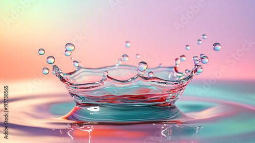 The splash should be detailed, showcasing layers and a crown-like structure in the center, with droplets suspended in mid-air both above and below the main splash. photo