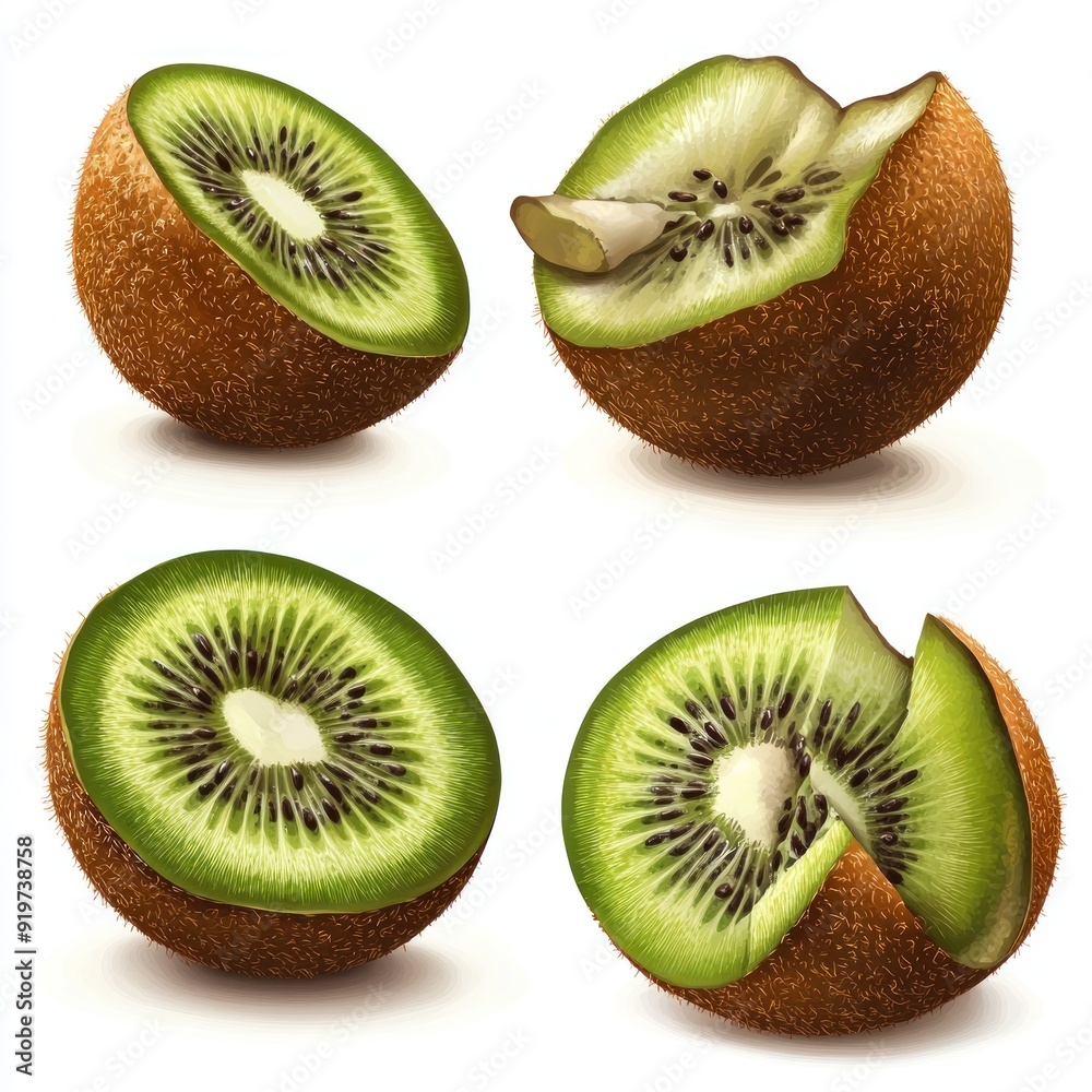 Fototapeta premium Four kiwi fruits, whole and sliced, isolated on white background.
