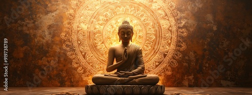 Buddha statue with mandala background, glowing light effect on dark brown color background, high resolution photography