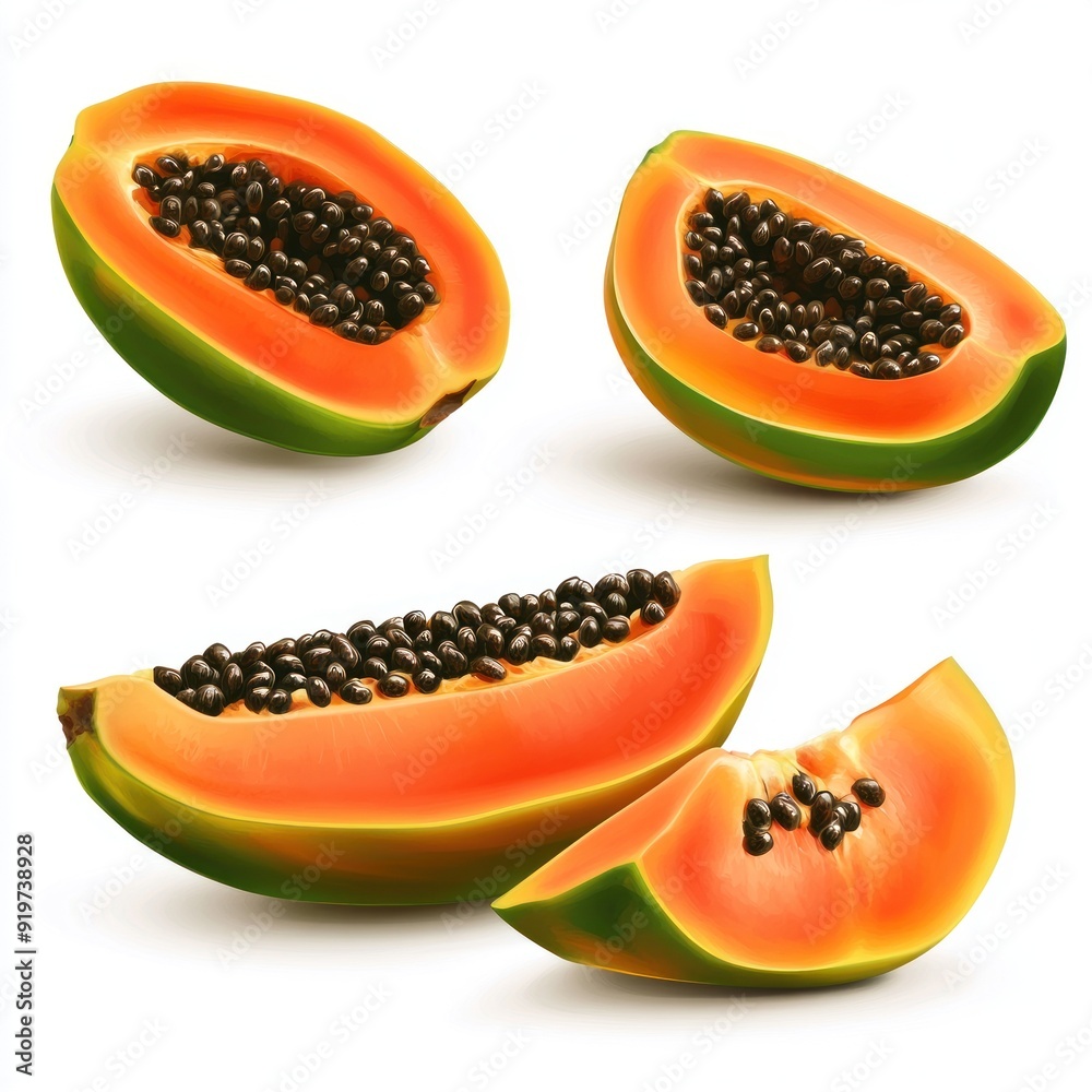 Fresh papaya slices, half, and whole isolated on white background. Fresh papaya slices, half, and whole isolated on white background.