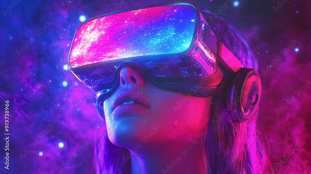 Woman in VR Glasses in Neon Space Digital Art Illustration Woman in VR Glasses in Neon Space Digital Art Illustration