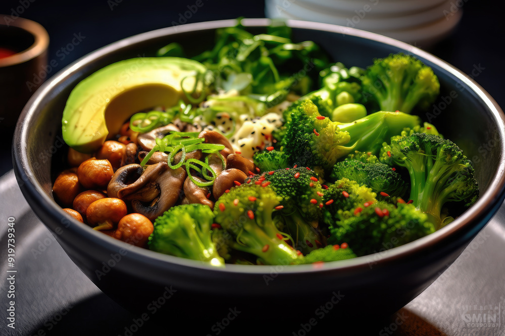 A vibrant bowl of fresh vegetables and grains featuring broccoli, avocado, and nuts, beautifully arranged for a healthy meal A vibrant bowl of fresh vegetables and grains featuring broccoli, avocado, and nuts, beautifully arranged for a healthy meal