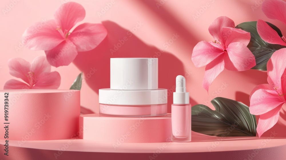Pink Cosmetic Products Displayed on a Podium with Flowers Pink Cosmetic Products Displayed on a Podium with Flowers
