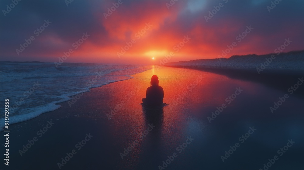 Silhouette of a Person Meditating on a Peaceful Beach at Sunset with Vibrant Red and Blue Sky Reflections on the Wet Sand Silhouette of a Person Meditating on a Peaceful Beach at Sunset with Vibrant Red and Blue Sky Reflections on the Wet Sand