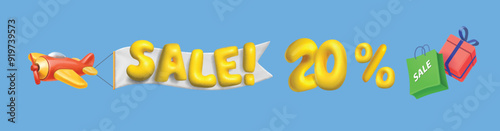 3d illustration of sale banner. Airplane in the sky with discount banner. 20 percent, sale word balloon with sale shopping bag and gift box. Promotion poster