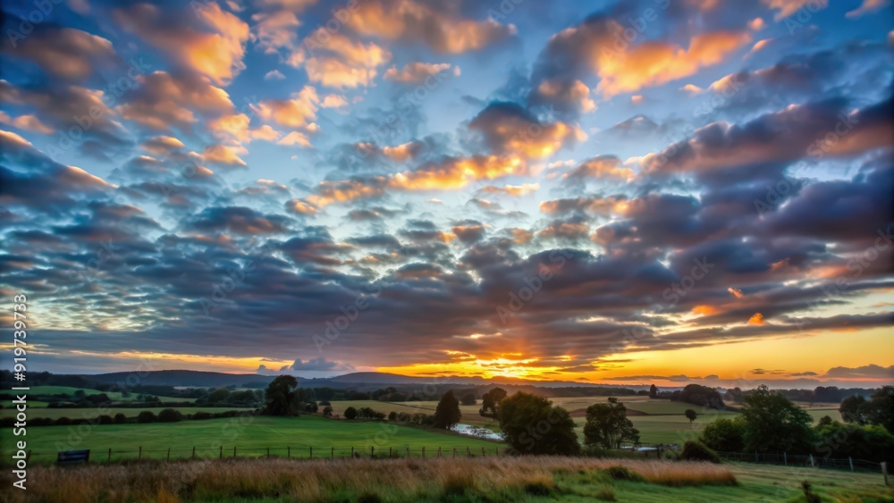 Fototapeta premium Golden Sunset Over Rolling Green Hills and Dramatic Clouds