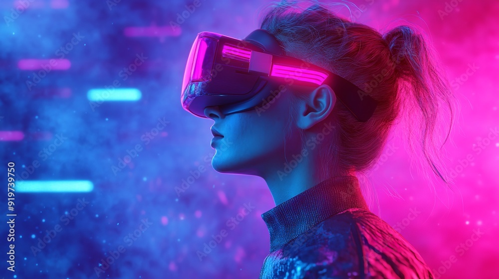 Woman in VR Glasses in Neon Space Digital Art Illustration Woman in VR Glasses in Neon Space Digital Art Illustration