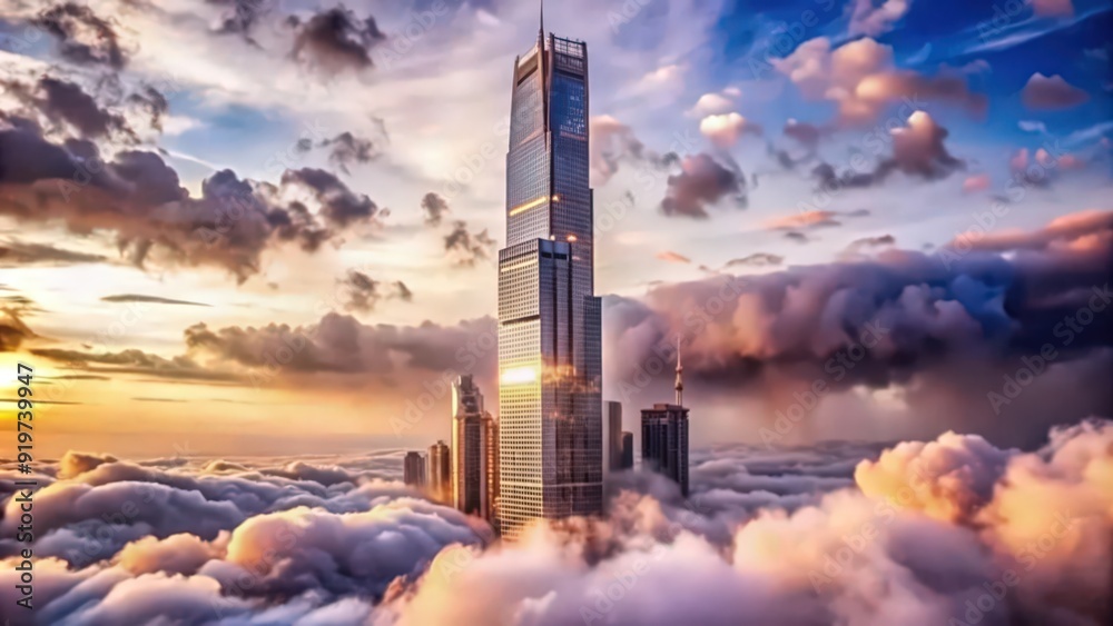 Obraz premium Skyscraper Piercing Through Clouds at Sunset