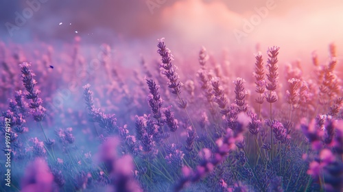 Fragrant smoke, lavender in bloom, lavender field with pink purple flowers and grass. The generation of AI