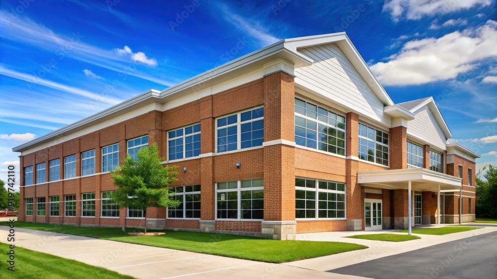 Exterior of a typical American school building, school, education, architecture, facade, windows, brick, entrance, steps, flag Exterior of a typical American school building, school, education, architecture, facade, windows, brick, entrance, steps, flag