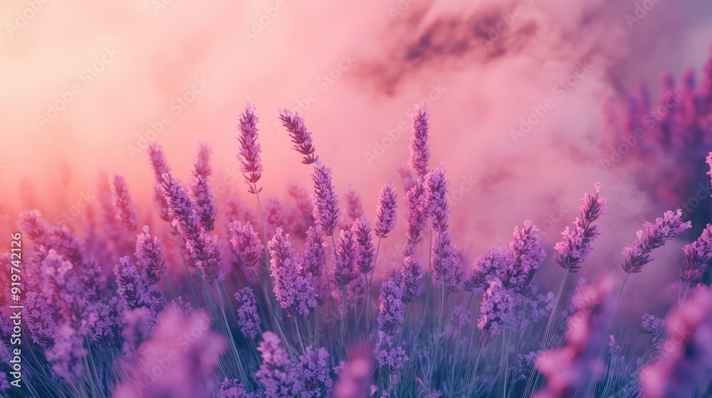 Obraz premium Fragrant smoke, lavender in bloom, lavender field with pink purple flowers and grass. The generation of AI