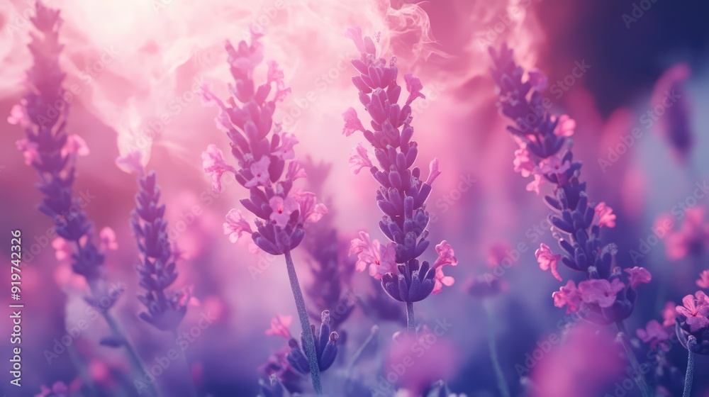 Fototapeta premium Fragrant smoke, lavender in bloom, lavender field with pink purple flowers and grass. The generation of AI