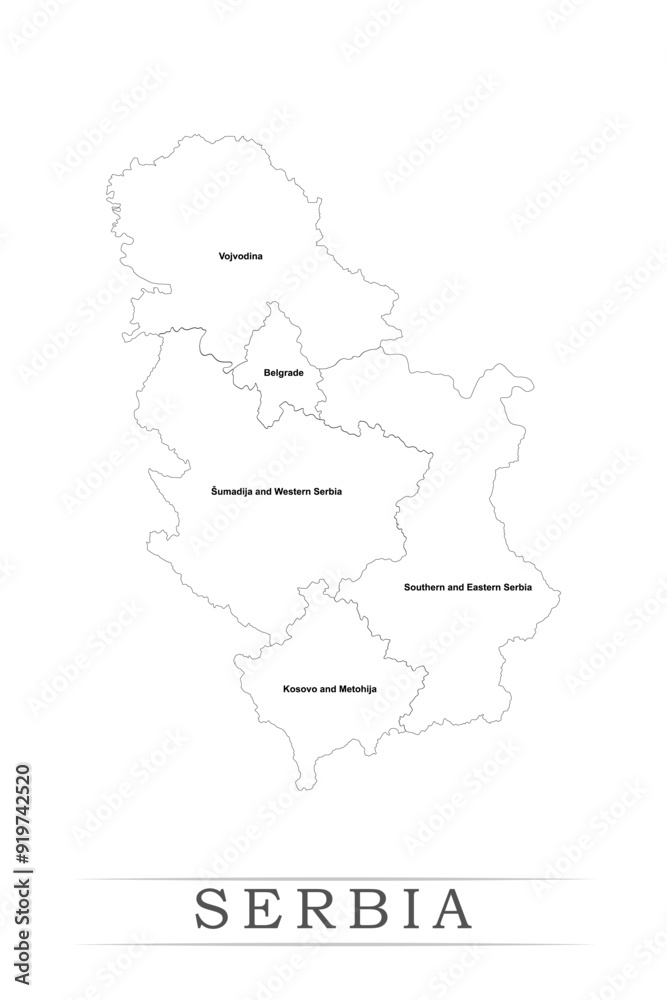 Administrative regions of SERBIA. Province, state, division name with white map with black outline. Vector illustration Administrative regions of SERBIA. Province, state, division name with white map with black outline. Vector illustration
