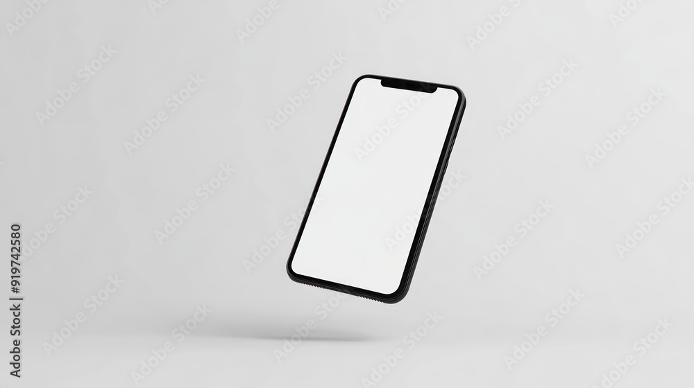 Black Smartphone with Blank Screen Floating in White Space