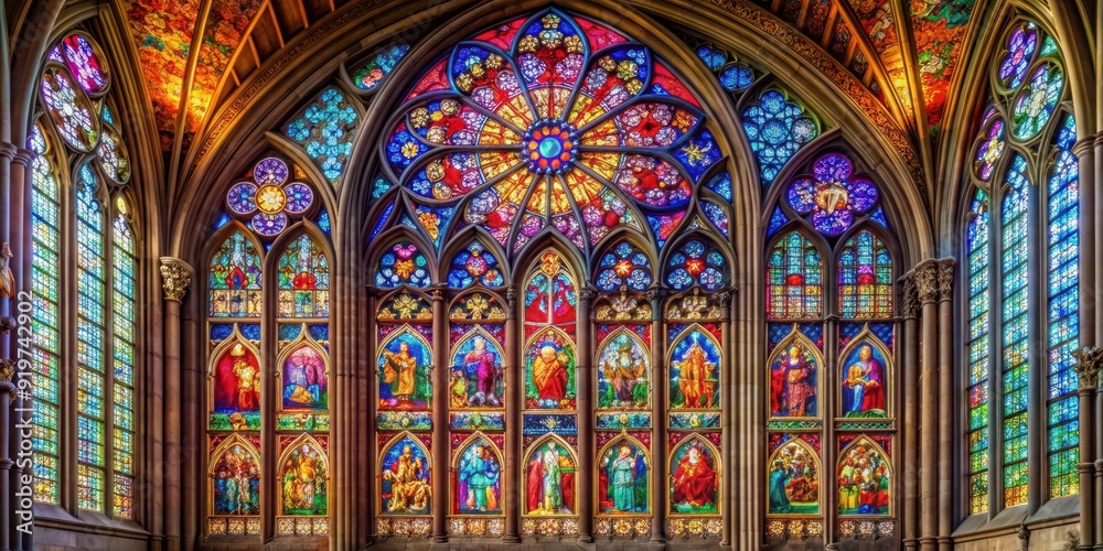 Fototapeta premium Intricate stained glass window in a cathedral with colorful reflections , stained glass, masterpieces